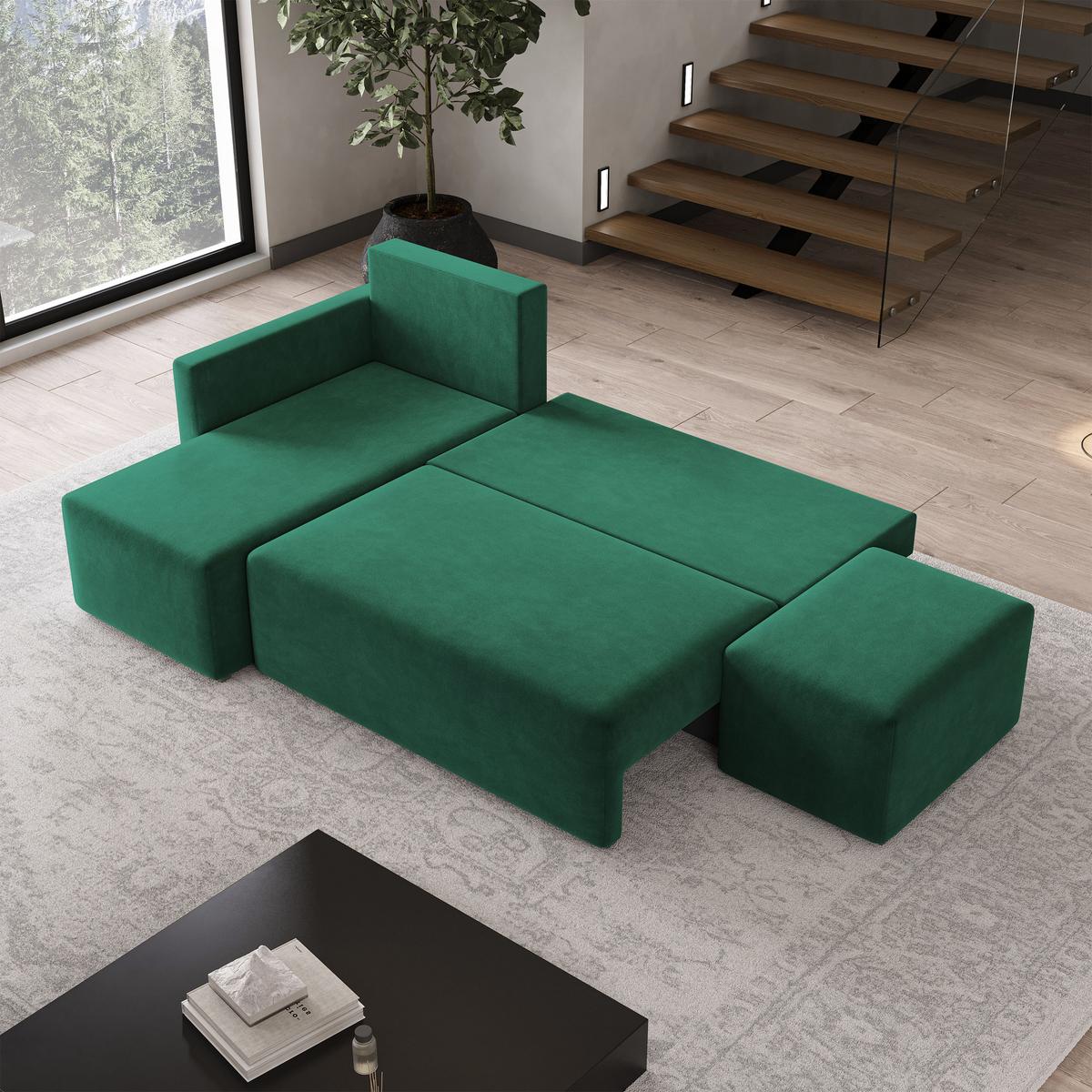 ECKSOFA VELOTTI L-S Grün Plüsch-Stoff mit Schlaffunktion - Grün, Holz (261/143cm) - MASSENO