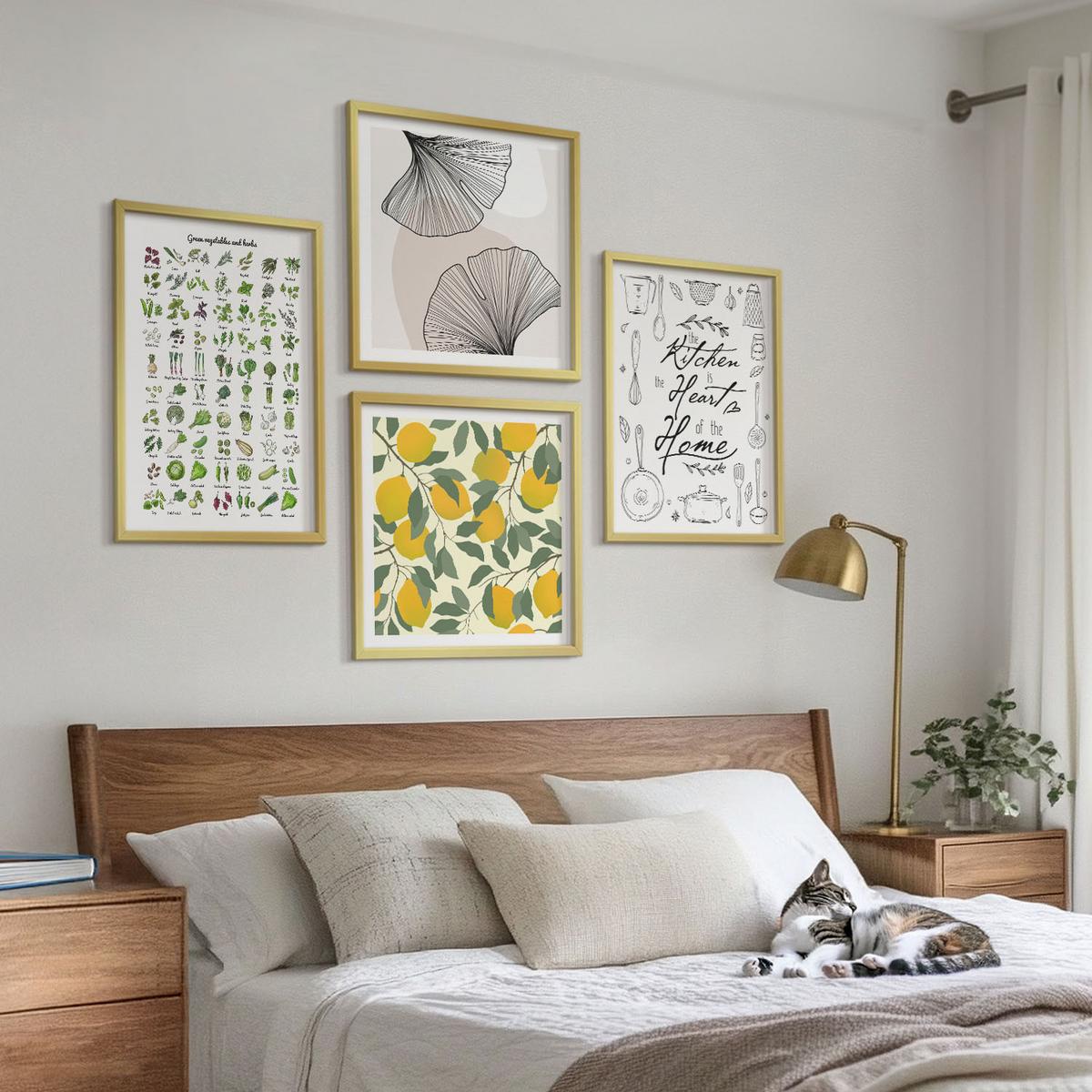 BILDER SET 4er Set - 50x50 cm & 40x60 cm Goldrahmen - Küchenkräuter-Zitronen-Malerei - Goldfarben, Kunststoff (50/50cm) - TULUP
