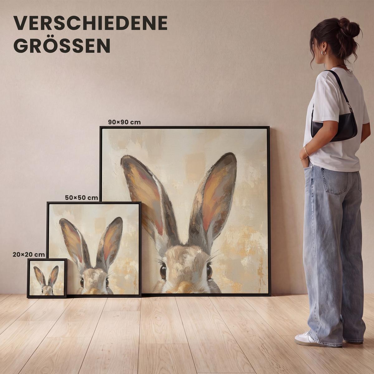 LEINWAND Bilder mit Rahmen - Hase - Ohren - Braun - 50x50 - Beige, Textil (50/50cm) - MuchoWow