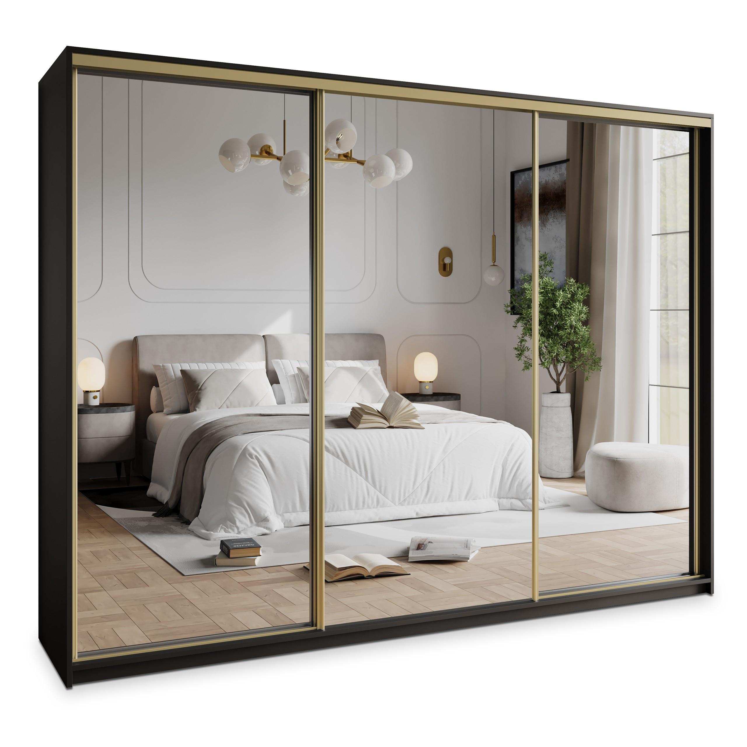 SCHWEBETÜRENSCHRANK RIEN 270/205/60 cm 3-türig mit Spiegel Schwarz - Schwarz, Holzwerkstoff (270/205/60cm) - MASSENO