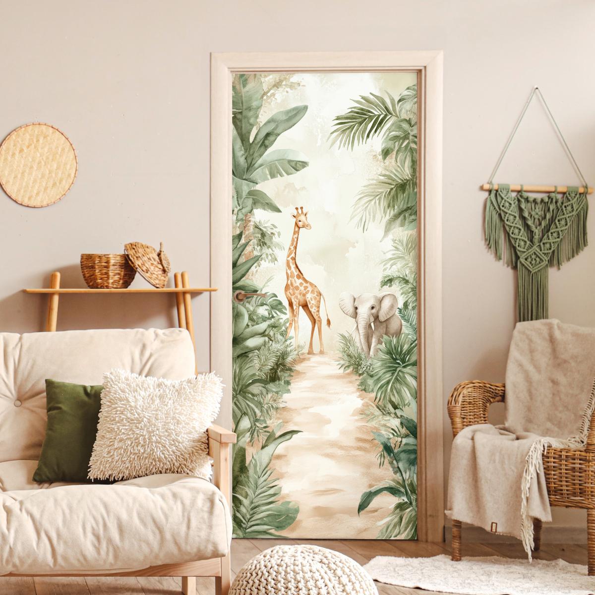TÜRAUFKLEBER Dschungel - Giraffe - Elefant - Grün - Natur Room Decor 85x205 cm - Türtapete - Eukalyptusholzfarben, Kunststoff (85/0.1cm) - MuchoWow
