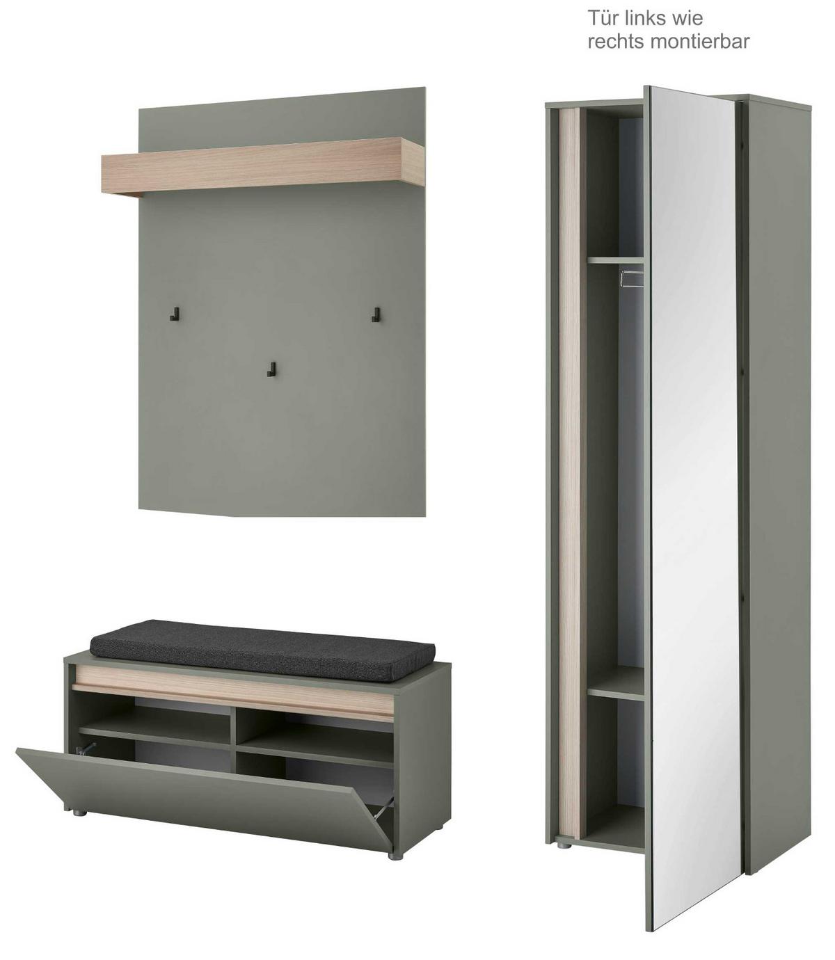 GARDEROBE Set 4-teilig, Salbei Grün und Eiche 170 x 200 cm mit Garderobenschrank und Spiegel - Salbeigrün/Eichefarben, Glas/Holz (170/200/40cm) - Furn.Design