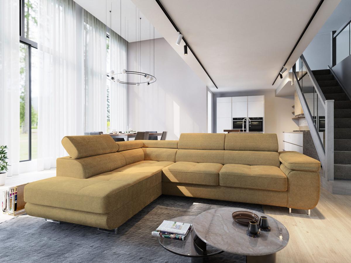 ECKSOFA APIRO L-S Gelb Kordstoff mit Schlaffunktion - Gelb/Silberfarben, Holz/Textil (276/202cm) - MASSENO