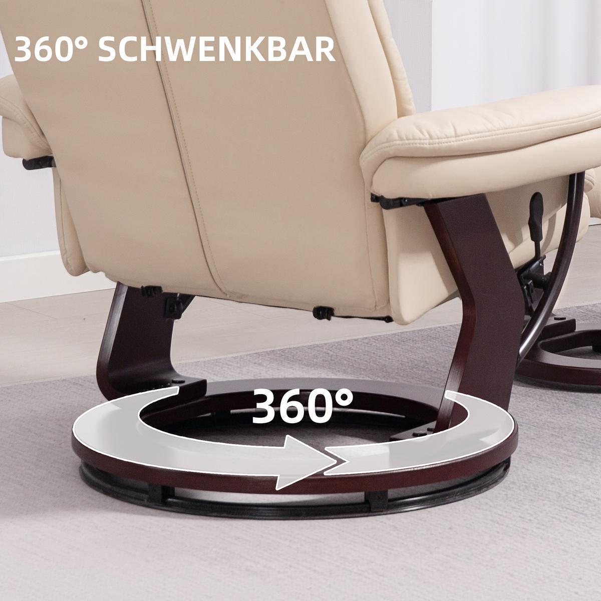 RELAXSESSEL mit Hocker drehbarer Fernsehsessel mit Liegefunktion Taschenfeder - Creme, Leder (83/107/86cm) - HOMCOM
