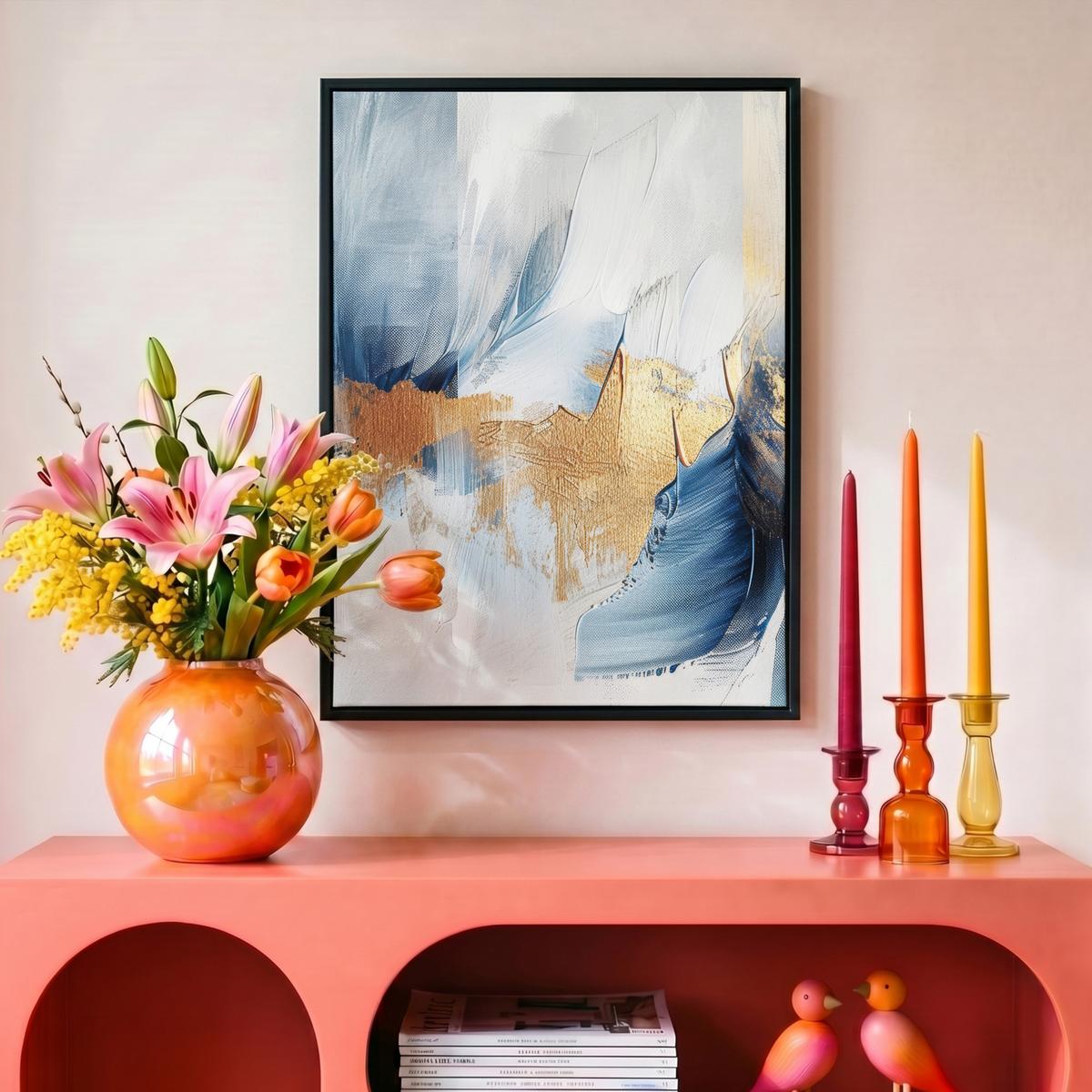 LEINWAND Bilder mit Rahmen - Gold - Blau - Aquarell - Kunst - Modern - 30x40 - Hellblau, Textil (30/40cm) - MuchoWow