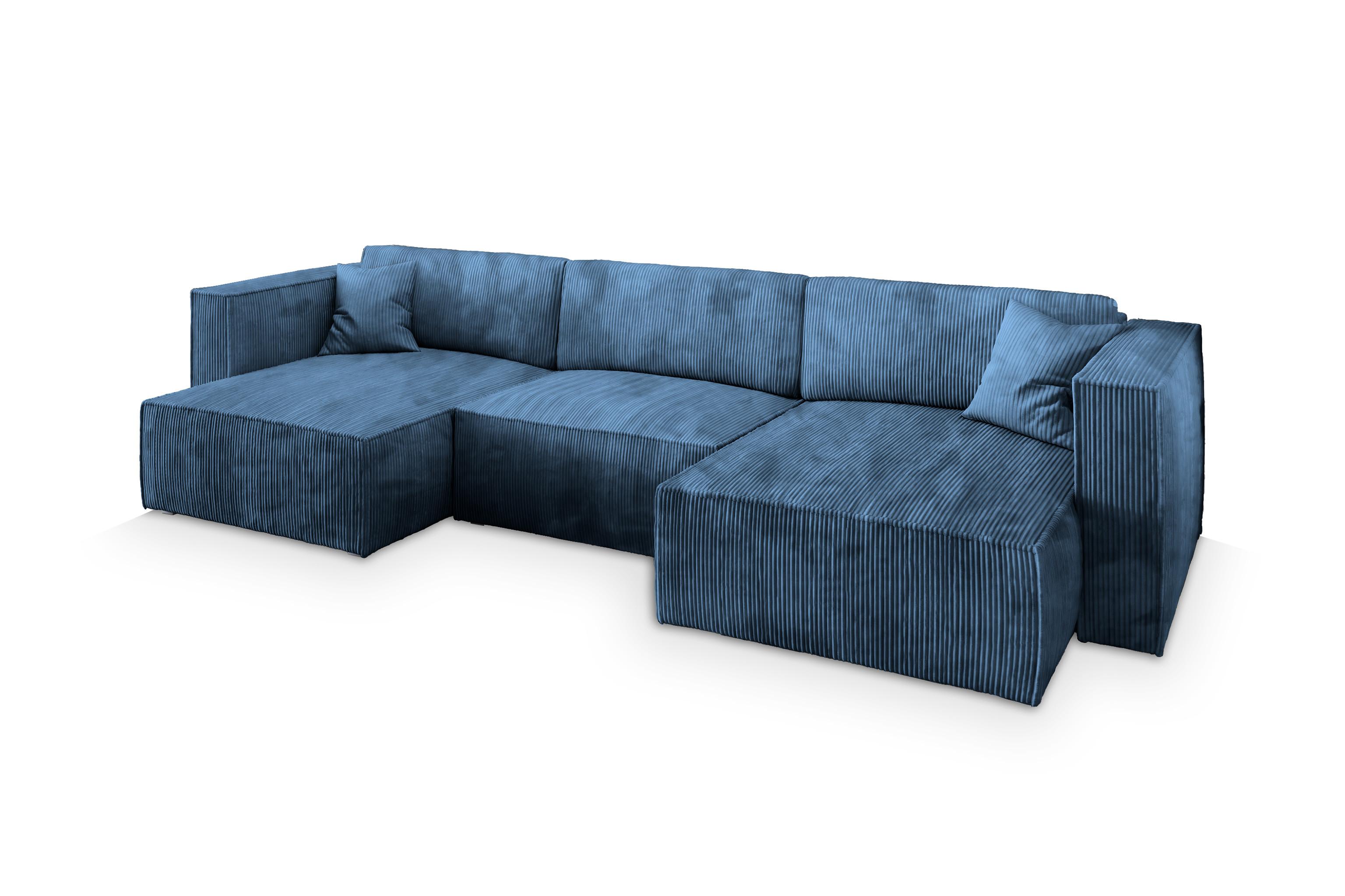 WOHNLANDSCHAFT SARMO P Blau Kordstoff mit Schlaffunktion - Blau/Grau, Holz/Kunststoff (347/70/148cm) - MASSENO