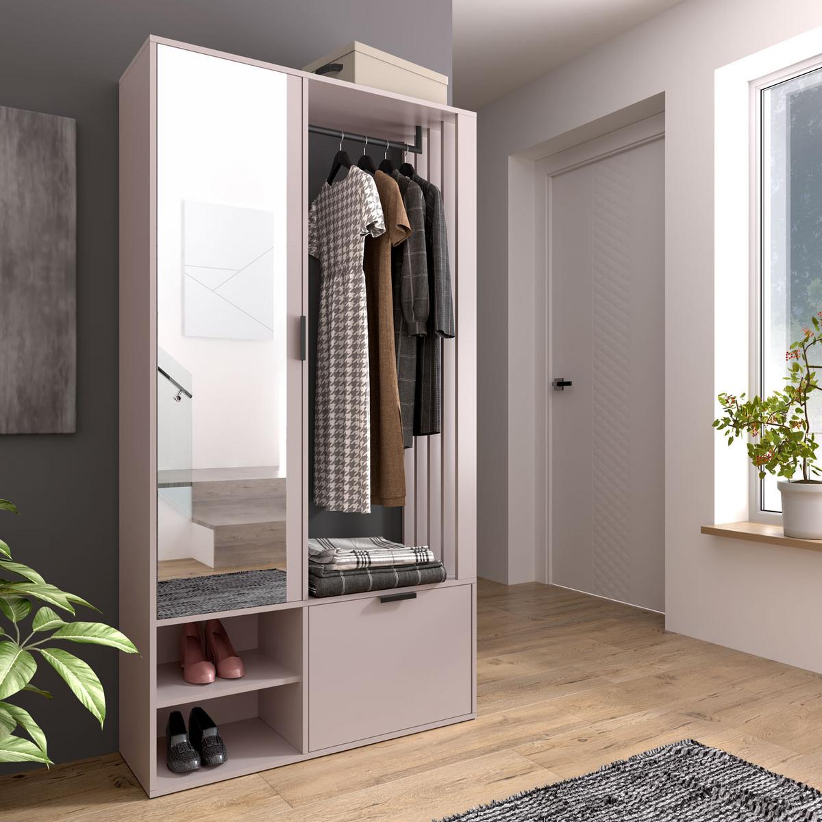 GARDEROBEN-SET Lena Uni mit Spiegel, Sitzbank & Kleiderstange – 100/189/33 cm – Beige, Kaschmir - Beige, Holzwerkstoff (100/189/33cm) - WFL GROUP