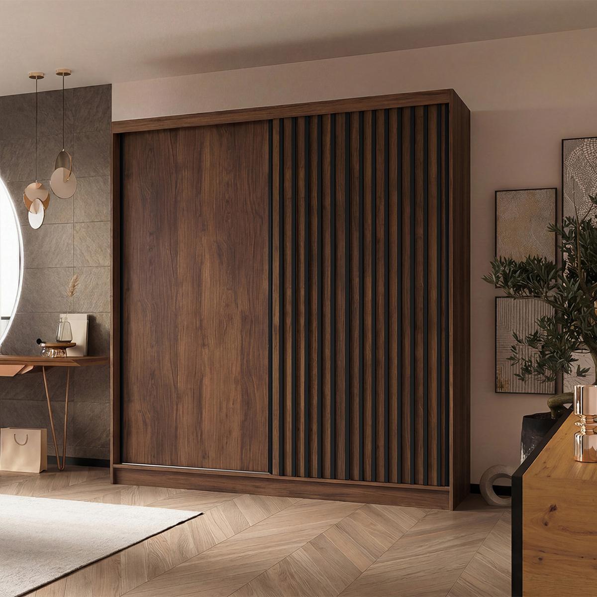 SCHWEBETÜRENSCHRANK Helios II mit Schubladen und Lamellen 200/216/61 Walnuss+Schwarz - Walnussfarben, Holzwerkstoff (200/216/61cm) - Beautysofa