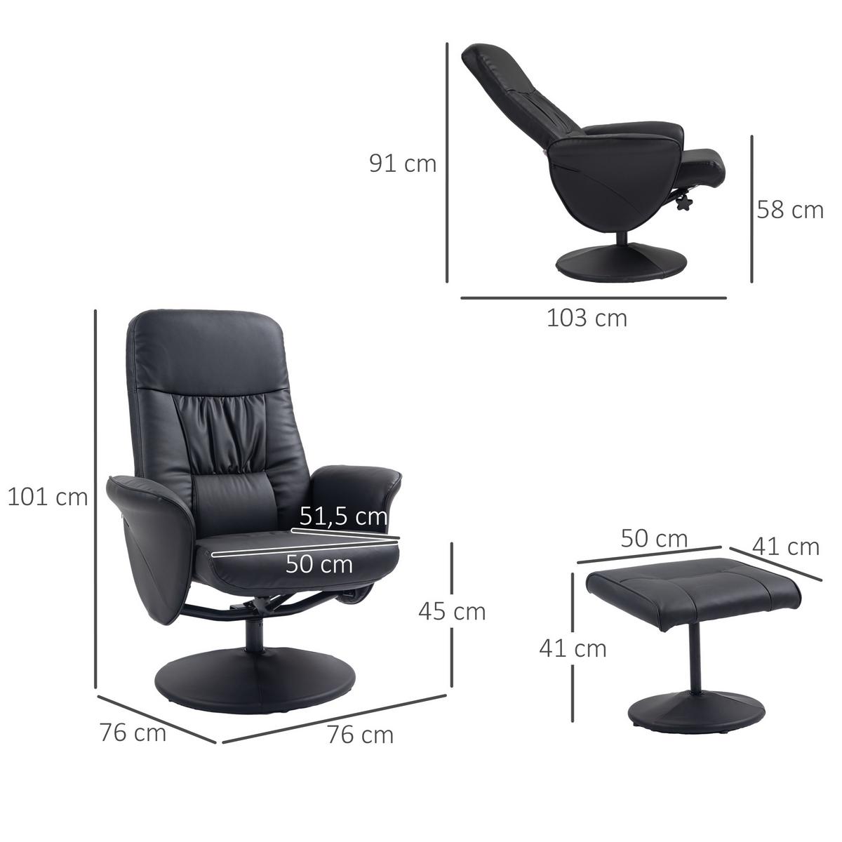 RELAXSESSEL mit Hocker, Fernsehsessel, TV Sessel mit Liegefunktion, Kunstleder - Schwarz, Metall (76/101/81cm) - HOMCOM