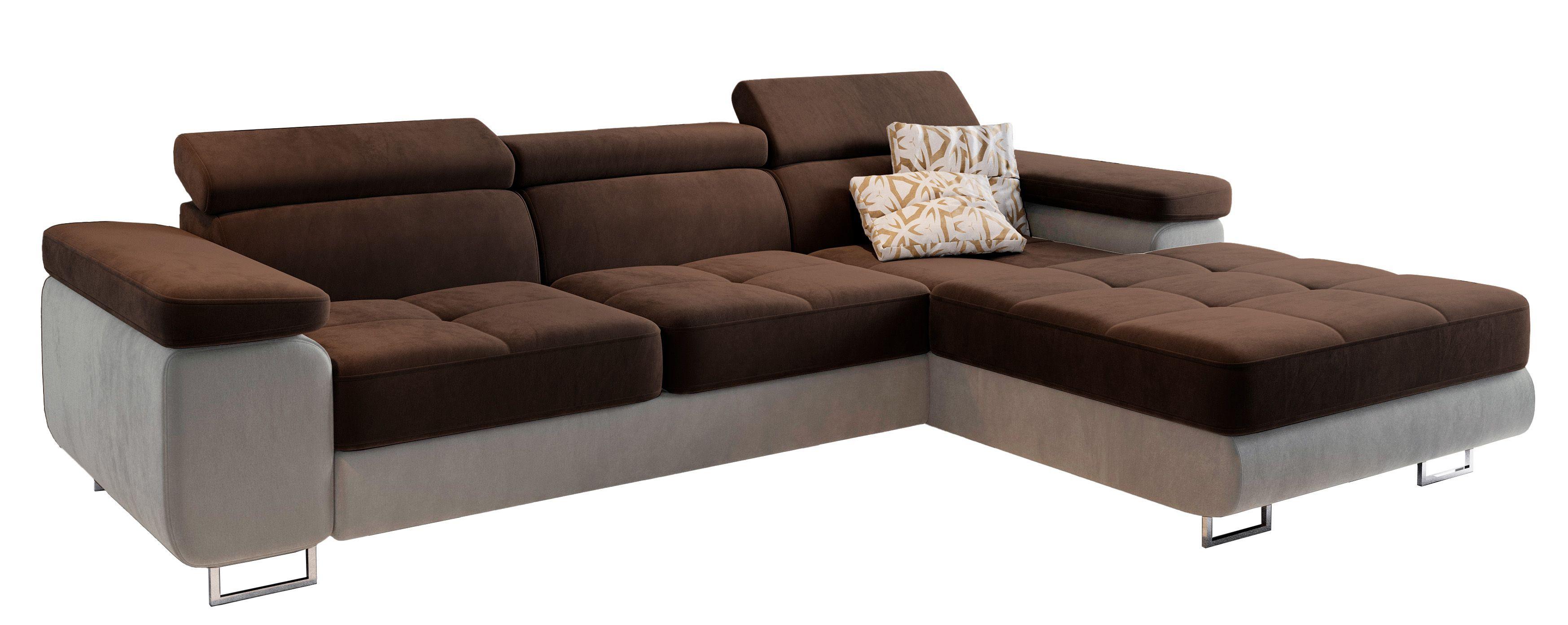 ECKSOFA ELMA R-S Braun Velours-Stoff mit Schlaffunktion - Silberfarben/Braun, Holz/Textil (280/205cm) - MASSENO
