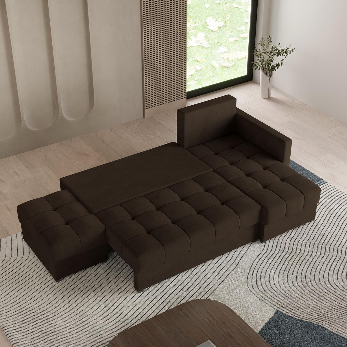 ECKSOFA LUMARI R-S Braun Plüsch-Stoff mit Schlaffunktion - Braun, Holz (262/143cm) - MASSENO