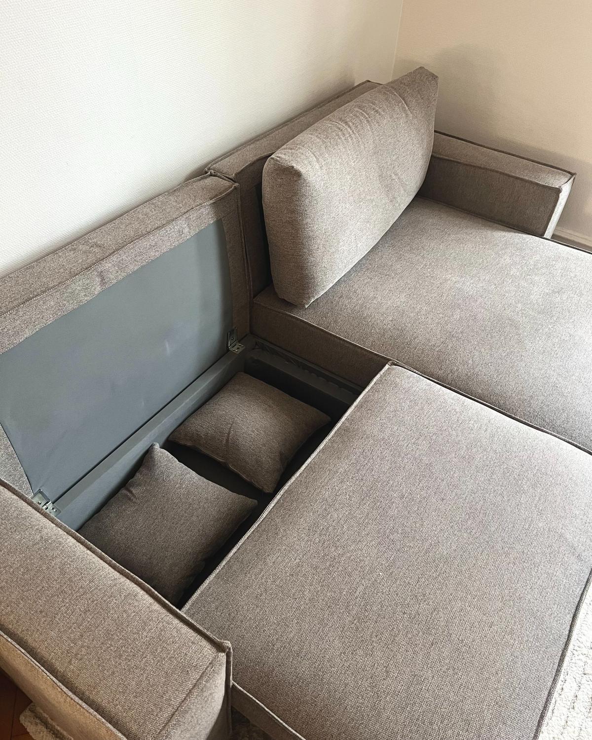 3-SITZER-ECKSOFA taupe rechtsseitig mit Schlaffunktion Stauraum Karila - Taupe, Textil (250/150cm) - Beliani
