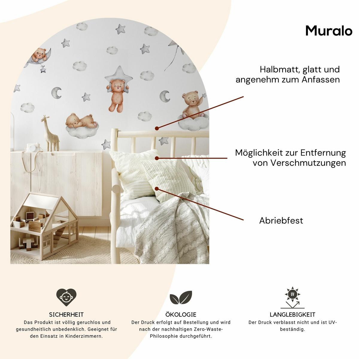 WANDSTICKER SET Teddybären Wolken Sterne Monde 60x30 - Beige/Braun, Papier (60/30/1cm) - Muralo