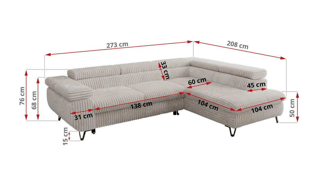 ECKSOFA PABLO L Beige Cord - Rechts Seite mit T25 Topper - Beige/Schwarz, Textil/Metall (273/208cm) - MKS
