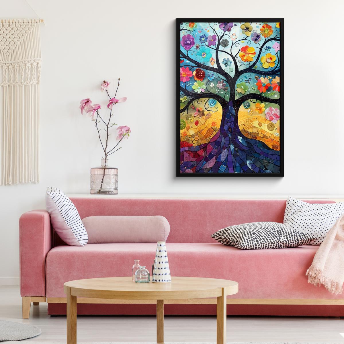 POSTER MIT RAHMENGERAHMTES BILD Kunst - Baum des Lebens - Blumen - Hippie 60x90 cm - Dunkelblau, Papier (60/90cm) - MuchoWow