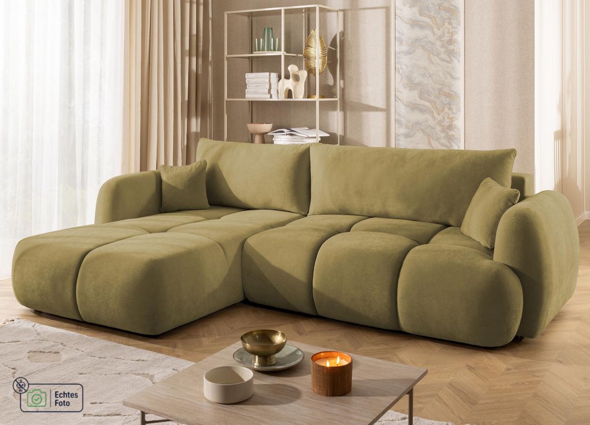 ECKSOFA Loretto aus natürlichem Grün Webstoff mit Schlaffunktion, Bettkasten und tiefen Steppungen in Bubble-Optik - Schwarz/Grün, Holz/Kunststoff (180/275cm) - S-Style