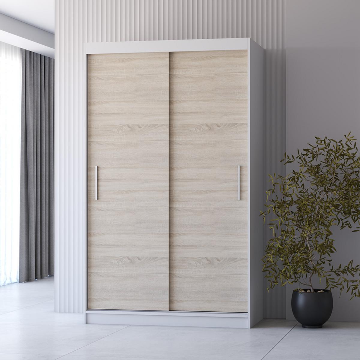 SCHWEBETÜRENSCHRANK Neomi 04 ohne Spiegel Weiß/Sonoma Eiche 120 cm - Alufarben/Weiß, Holzwerkstoff/Kunststoff (120/200/61cm) - imoebel24