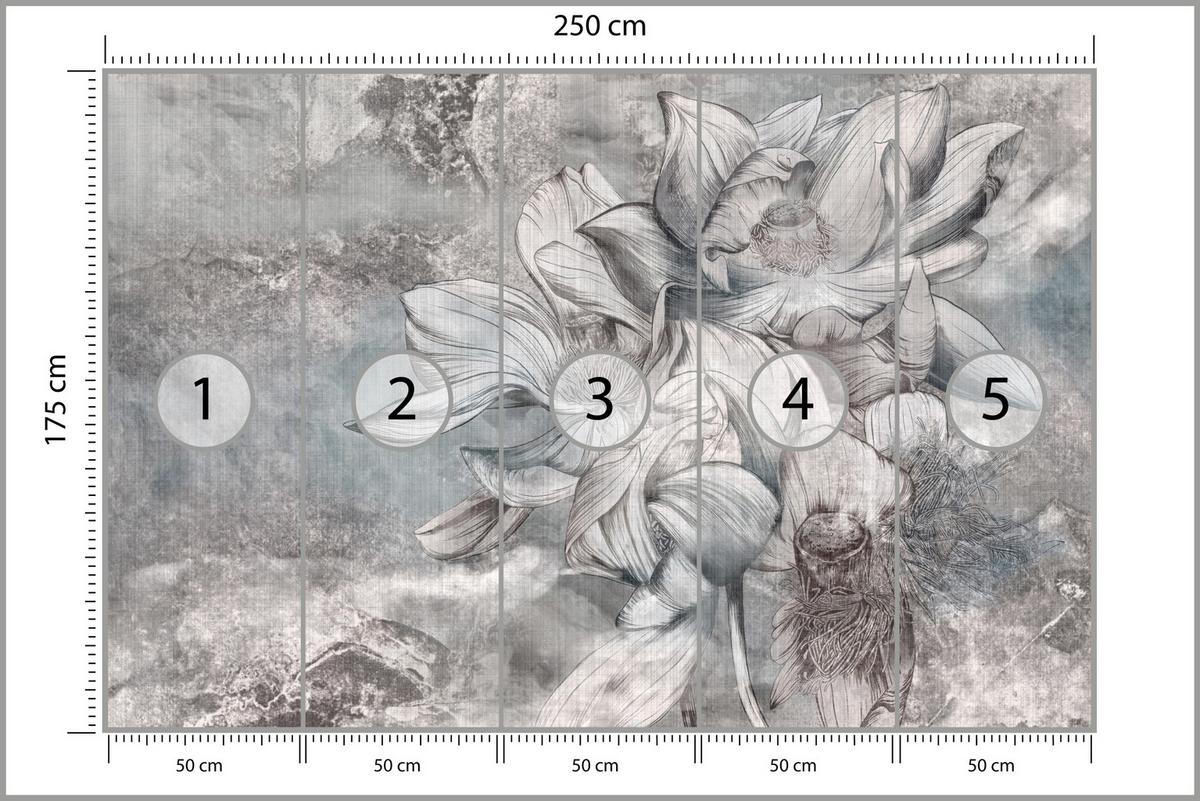 FOTOTAPETE für Wohnzimmer Wunderschöne Blume Betonwand Retro 250x175 - Grau, Papier (250/175cm) - Muralo