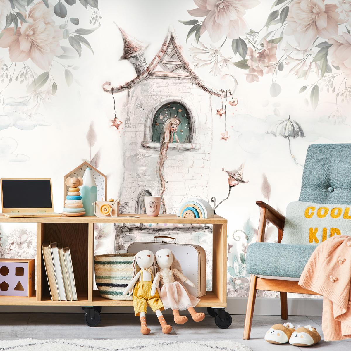 FOTOTAPETE für Kinderzimmer Prinzessin Turm Blumen Pflanzen 100x70 - Multicolor, Papier (100/70cm) - Muralo