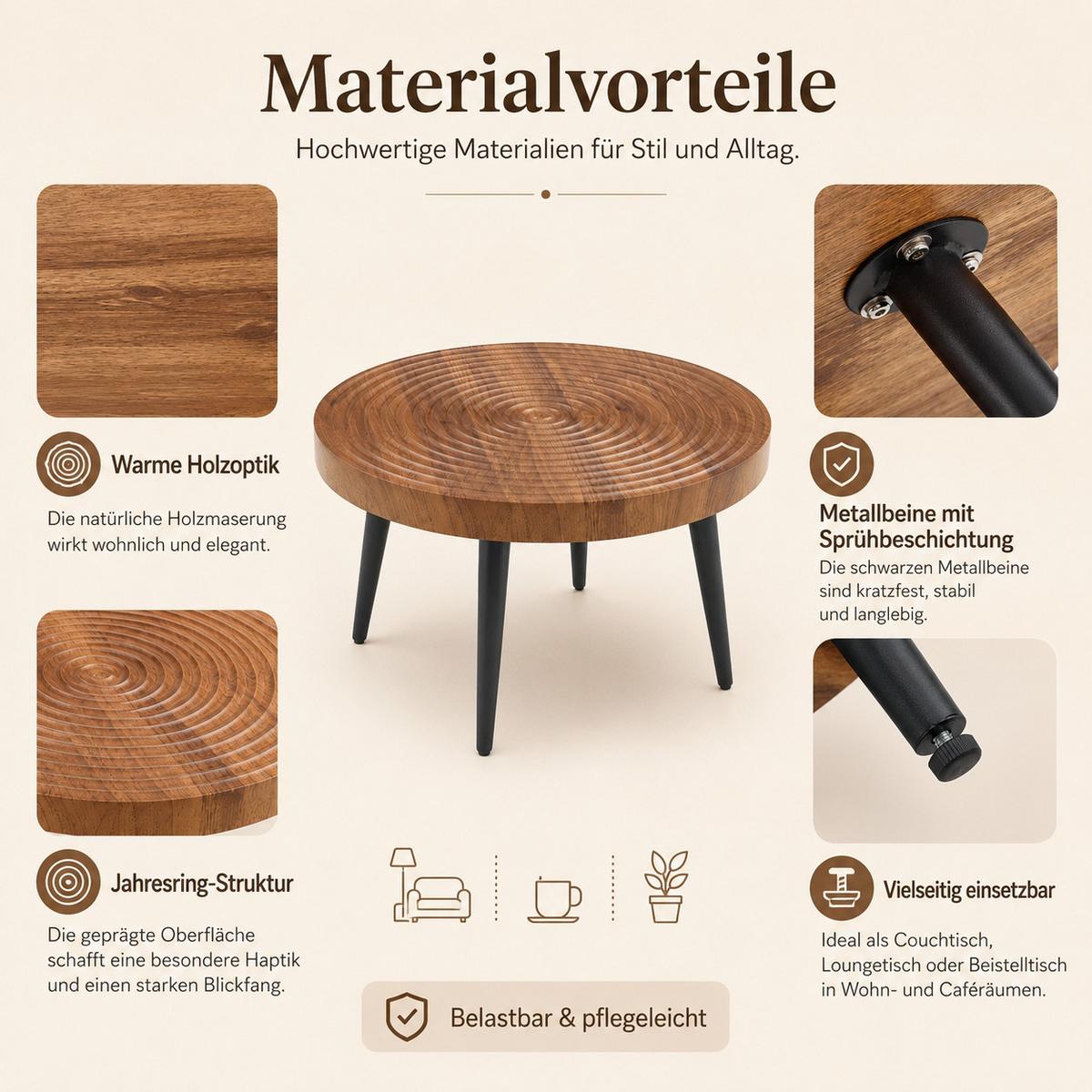 COUCHTISCH Walnussbraun Rund mit Jahresringen & Metallbeinen - Walnussfarben, Holzwerkstoff (60/60/37cm) - Urban Meuble