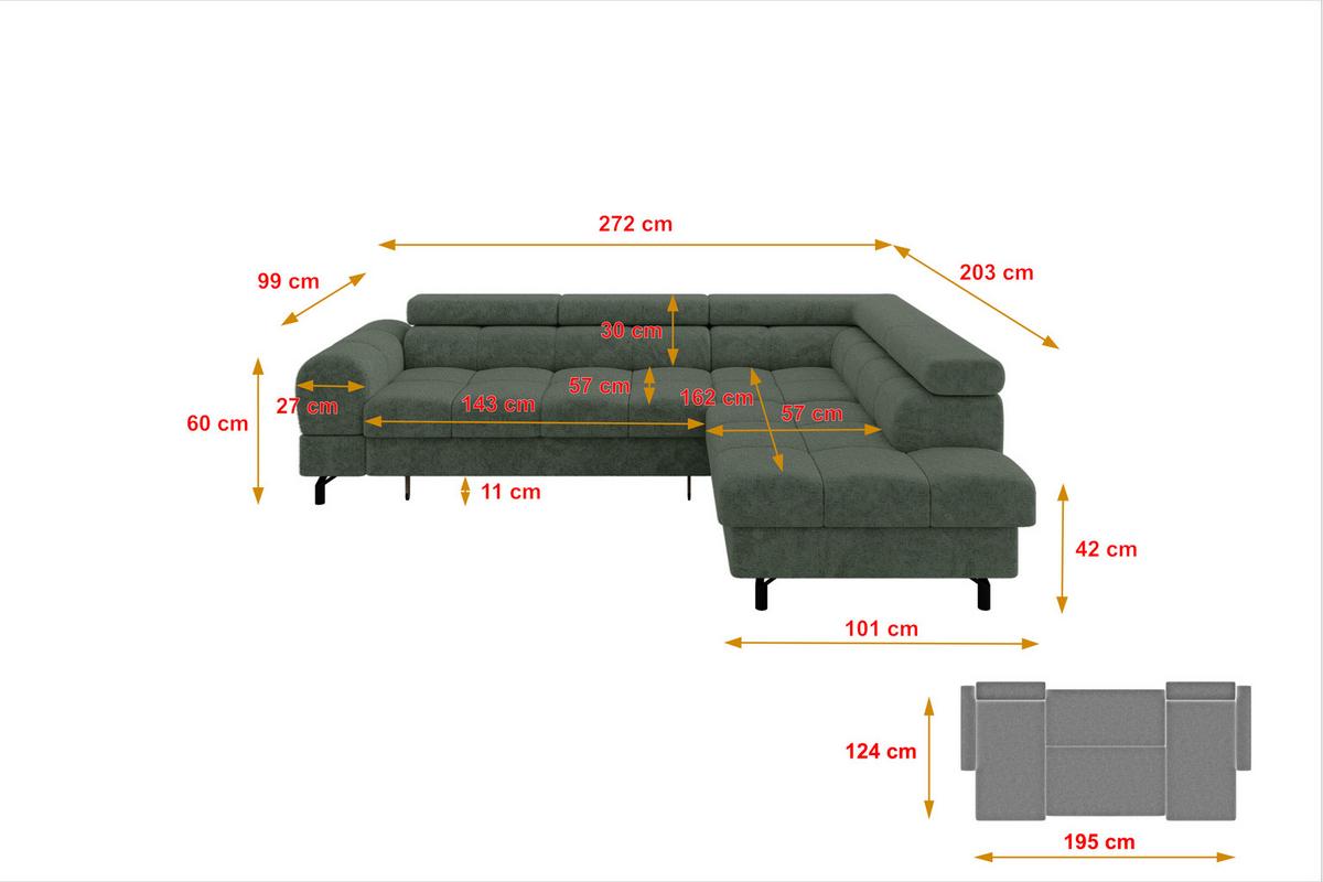 ECKSOFA mit Schlaffunktion Ottomane Rechts LUMA-L 272x203x70 Grün Velours - Schwarz/Grün, Holzwerkstoff/Kunststoff (203/272cm) - ALTDECOR