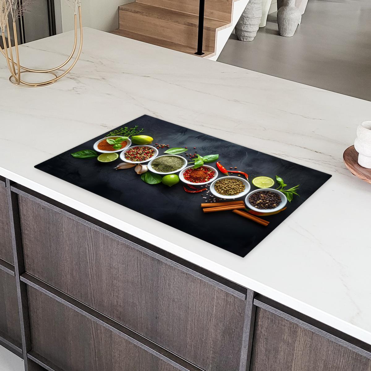 HERDABDECKPLATTE Kräuter - Gewürze - Konkrete Optik - Stilleben Ceranfeldabdeckung 85x52 cm - Multicolor, Kunststoff (85/52/0.2cm) - MuchoWow
