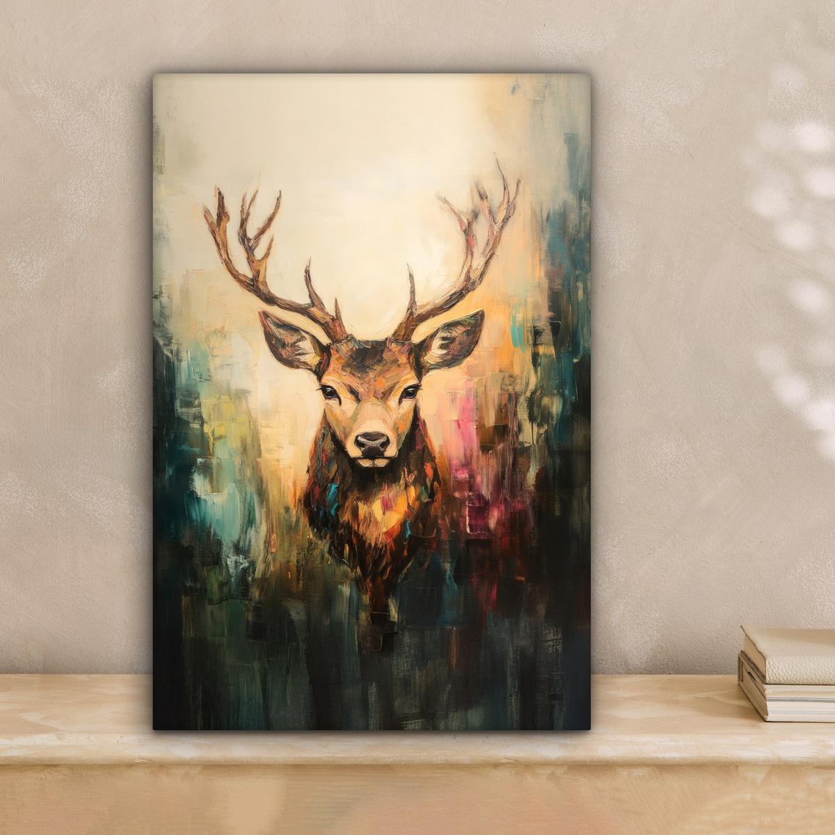 LEINWANDBILD Hirsch - Gemalt - Geweih - Braun Deko Wohnzimmer 20x30 cm - Haselnussfarben, Textil (20/30cm) - MuchoWow