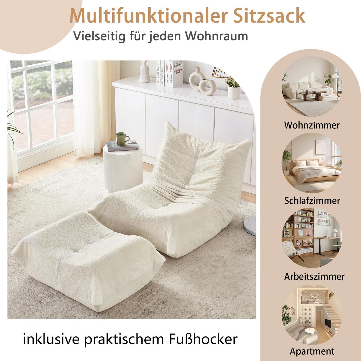 LAZY SOFA Teddyfell Optik mit Hocker weich & ergonomisch - Beige, Textil (100/70/90cm) - Urban Meuble