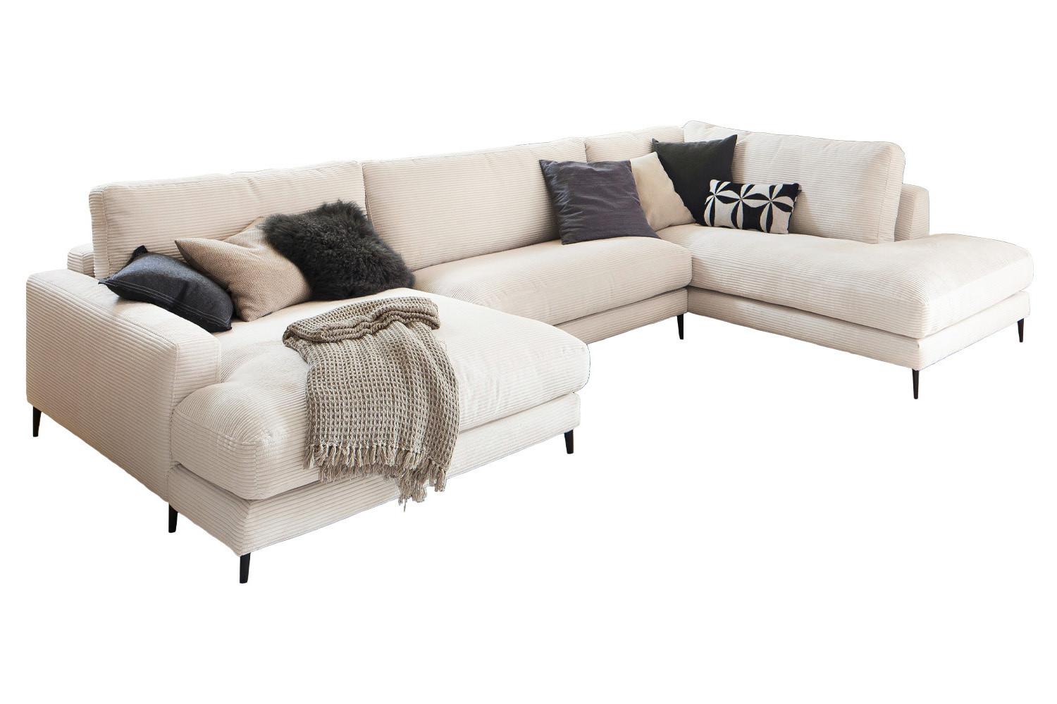 WOHNLANDSCHAFT CARA Cremeweiß Cord - Creme/Schwarz, Textil (341/84/223cm) - KAWOLA