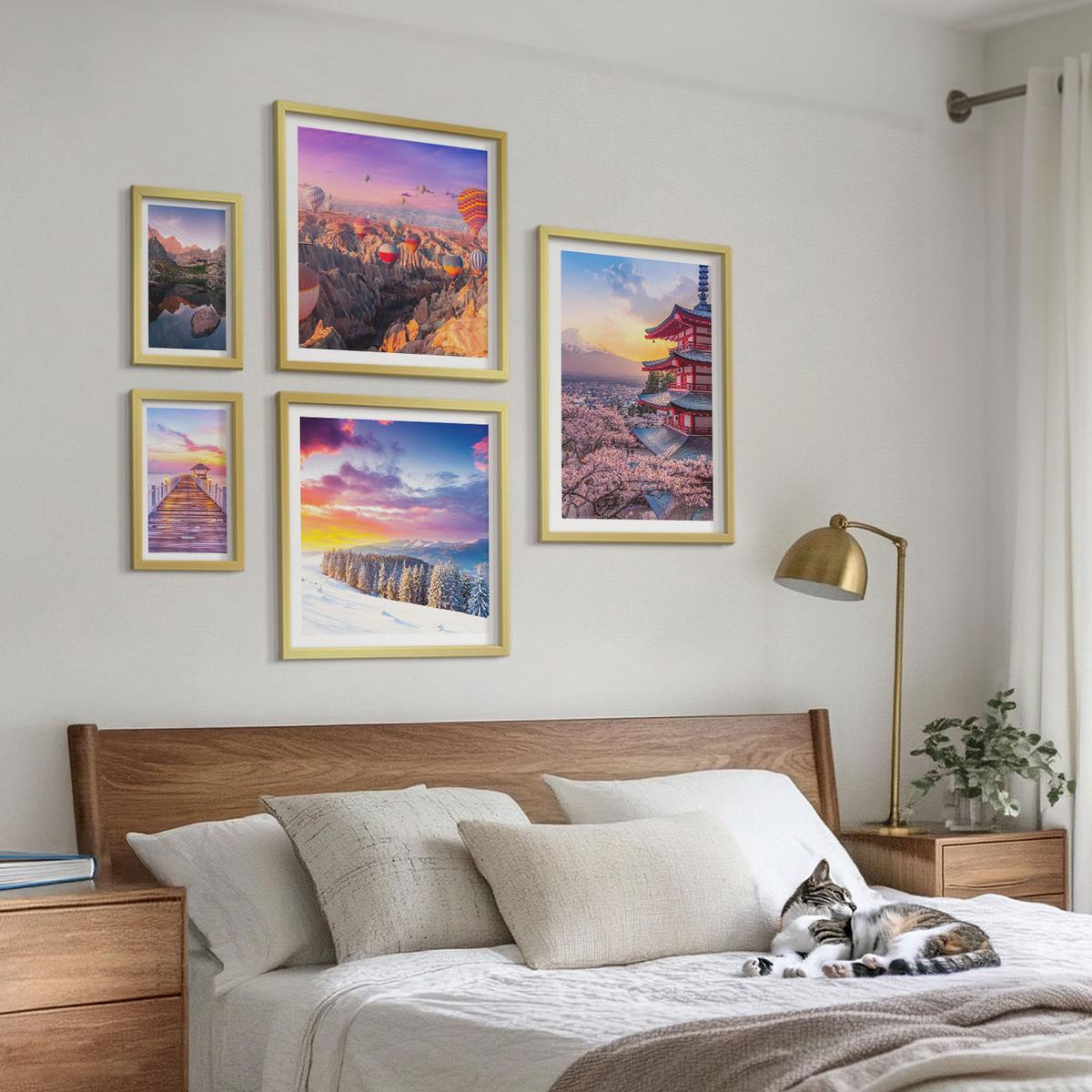 BILDER SET 5er Set - 50x50 cm & 20x30 cm & 40x60 cm Goldrahmen - Romantische Himmelslandschaften - Goldfarben, Kunststoff (40/60cm) - TULUP