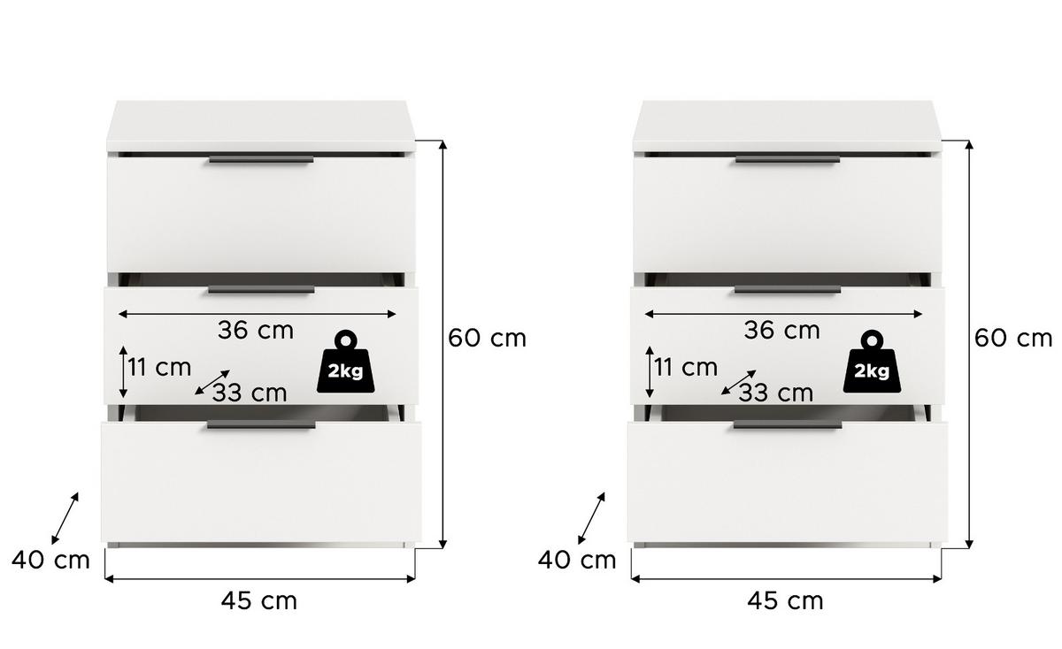 NACHTTISCH 2er Set weiß 45 x 60 cm, Nachtkommode in Komforthöhe - Schwarz/Weiß, Holzwerkstoff/Kunststoff (45/60/40cm) - Inn.Furn