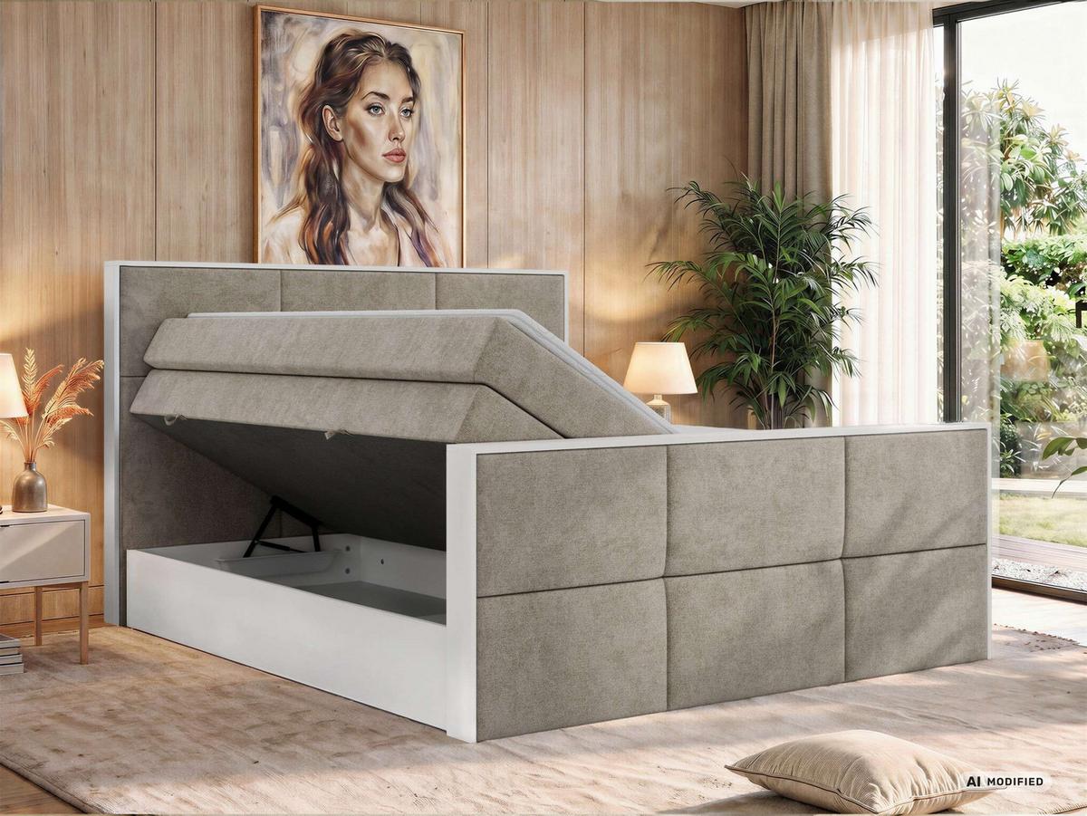 BOXSPRINGBETT DELVIT KING DUO 200/200 - Greige Stukture - Topper Visco - H3 - Greige/Schwarz, Kunststoff/Textil (200/200cm) - MKS
