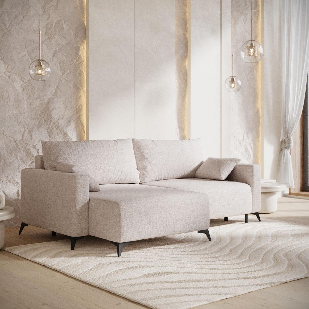 ECKSOFA NUVIO mit Schlaffunktion Hellbeige im Neve Stoff - Sandfarben/Schwarz, Holz/Holzwerkstoff (239/148cm) - AltaBeds