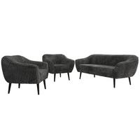 SITZGARNITUR PIRS 3+1+1 - Grau Cord - Schwarze Beine - Schwarz/Grau, Holzwerkstoff/Textil (180/75/74cm) - MKS
