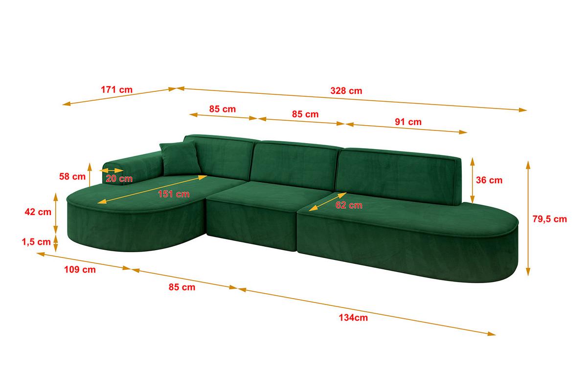 ECKSOFA Ottomane Links MARI-L2 - 328x171x79 cm Dunkelgrün Velours - Dunkelgrün/Schwarz, Holzwerkstoff/Kunststoff (328/171cm) - ALTDECOR