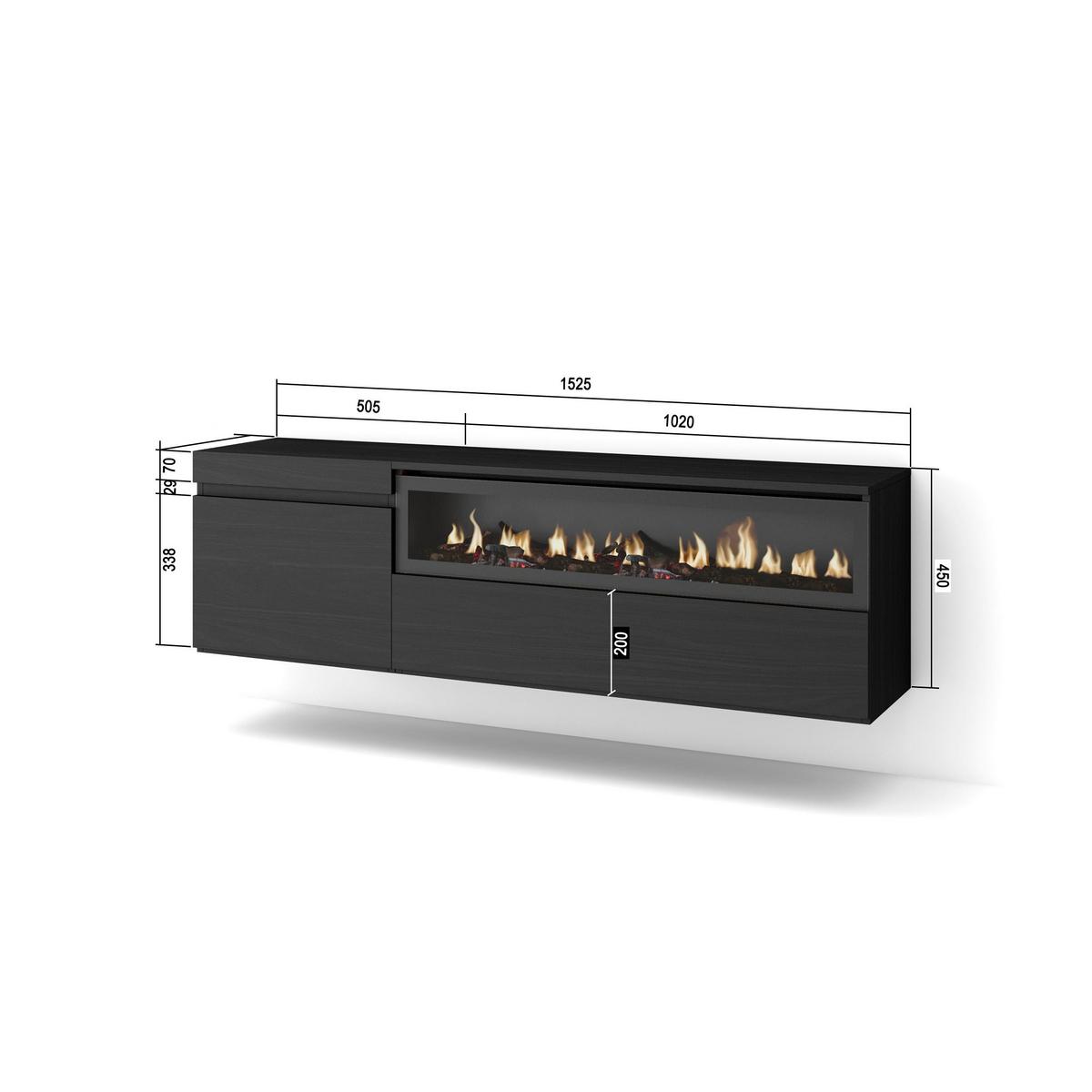 TV-SCHRANK mit Elektrokamin, schwarz, Hängend, 150/35/45cm - Schwarz, Holzwerkstoff (150/45/35cm) - Skraut Home