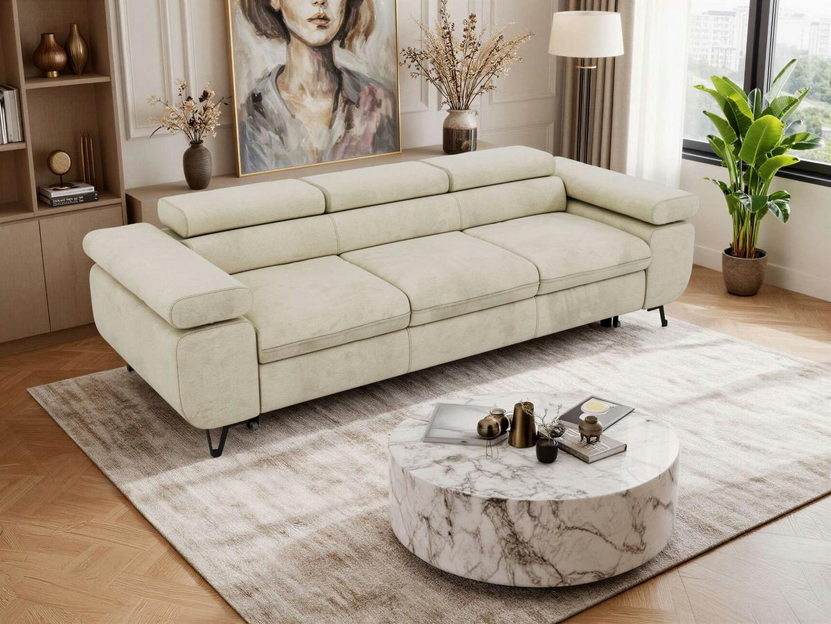 3-SITZER SOFA PETER mit Schlaffunktion - Beige Velvet - Beige/Schwarz, Textil/Metall (262/76/99cm) - MKS