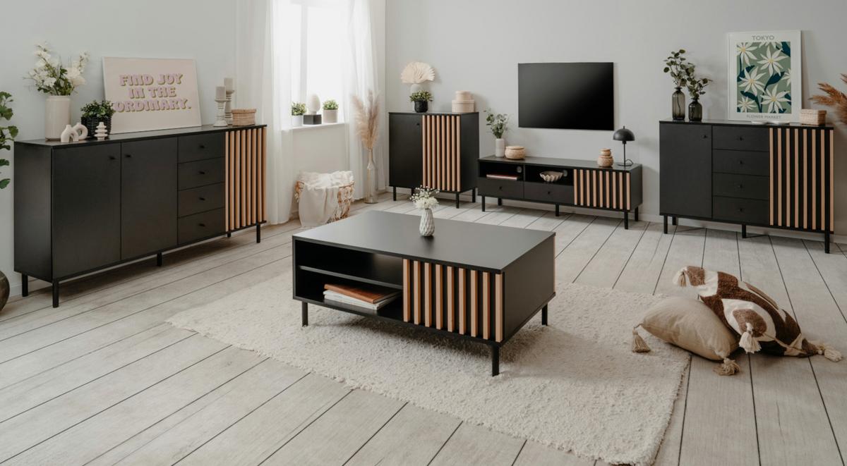 KOMMODE schwarz, Eiche Artisan 80 cm, Sideboard mit 3D-Lamellen - Schwarz/Eiche Artisan, Holzwerkstoff/Metall (80/90/40cm) - Furn.Design