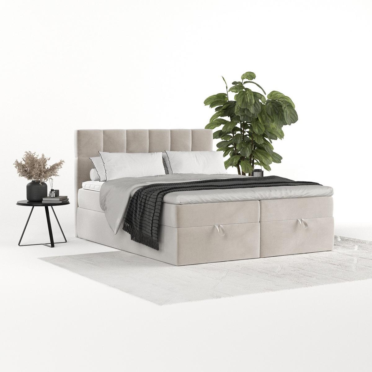 BOXBETT Savio 160/200 cm Hellbeige im Paros Stoff - Beige/Schwarz, Holz/Holzwerkstoff (160/200cm) - AltaBeds