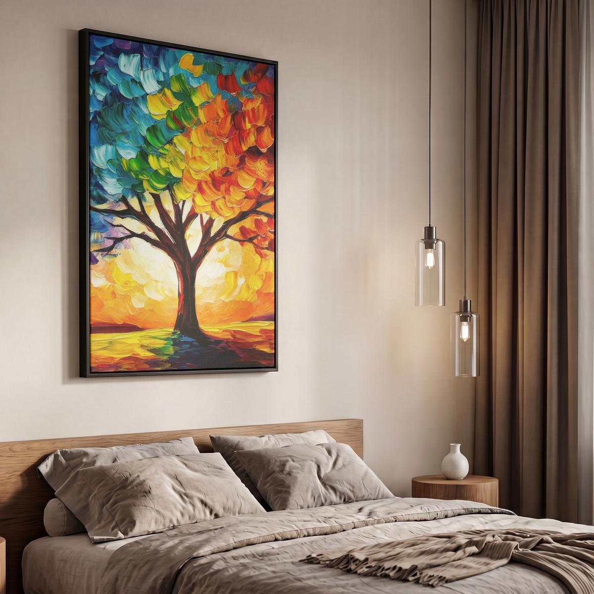 LEINWAND Bilder mit Rahmen - Baum - Kunst - Natur - Sonnenuntergang - 60x90 - Multicolor, Textil (60/90cm) - MuchoWow