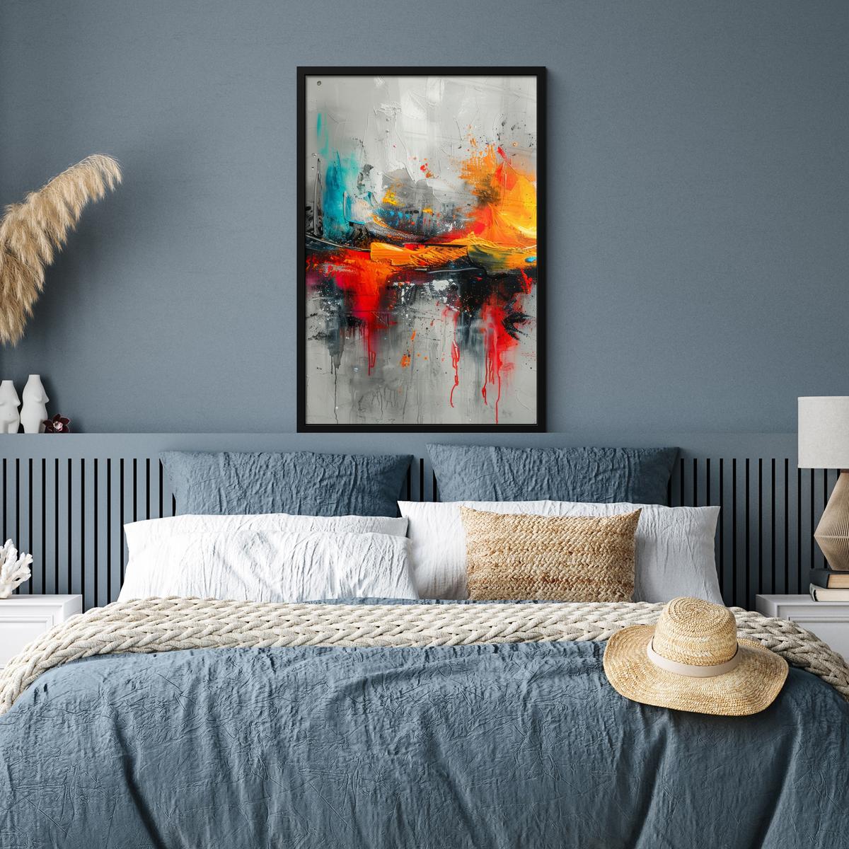 POSTER MIT RAHMENGERAHMTES BILD Moderne Kunst - Orange - Grau - Abstrakt 60x90 cm - Hellgrau, Papier (60/90cm) - MuchoWow