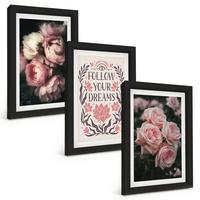 BILDER SET 3er Set - 20x30 cm Schwarzer Rahmen - Vintage-Rosenträume-Inschrift - Schwarz, Kunststoff (20/30cm) - TULUP