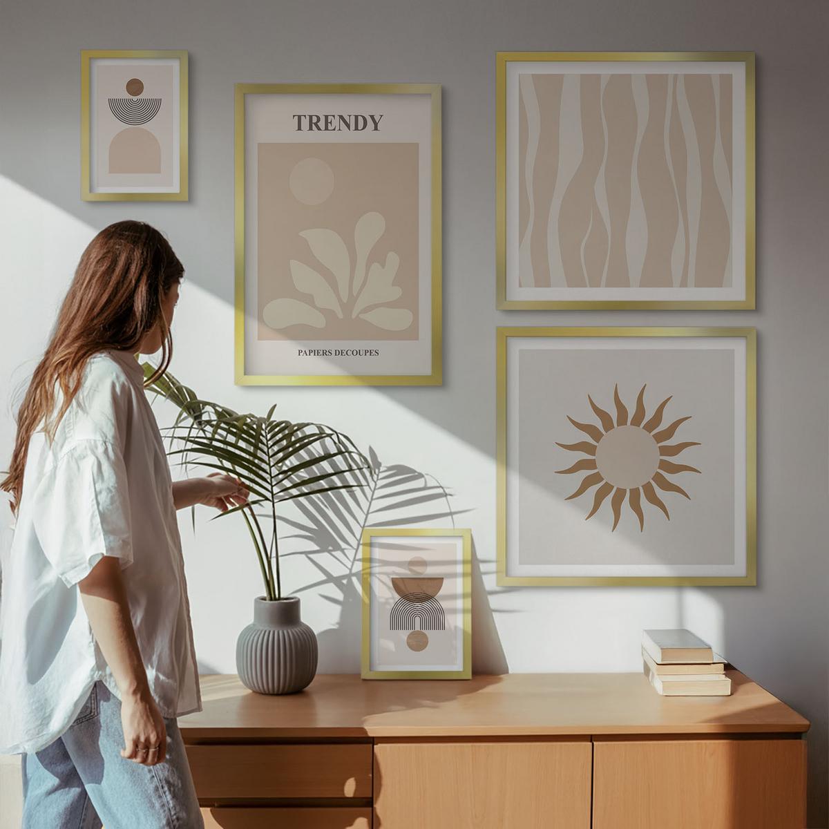 BILDER SET 5er Set - 50x50 cm & 20x30 cm & 40x60 cm Goldrahmen - Stilvolle abstrakte Beigetöne - Goldfarben, Kunststoff (40/60cm) - TULUP
