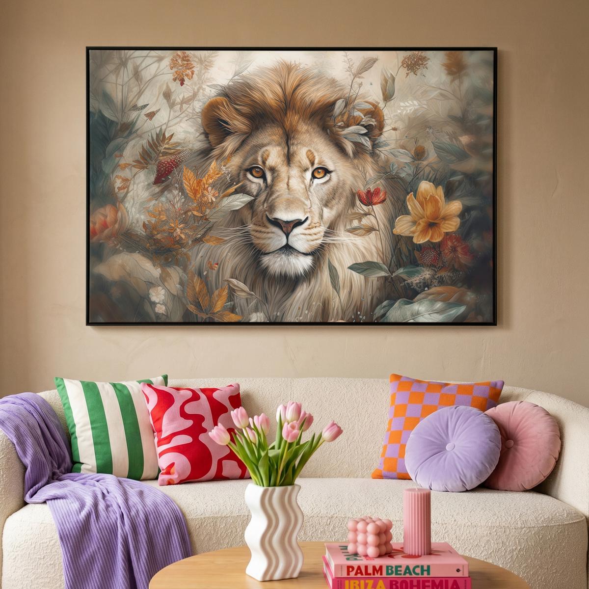 LEINWAND Bilder mit Rahmen - Löwe - Wildtiere - Pflanzen - Natur - Blumen - 120x80 - Beige, Textil (120/80cm) - MuchoWow