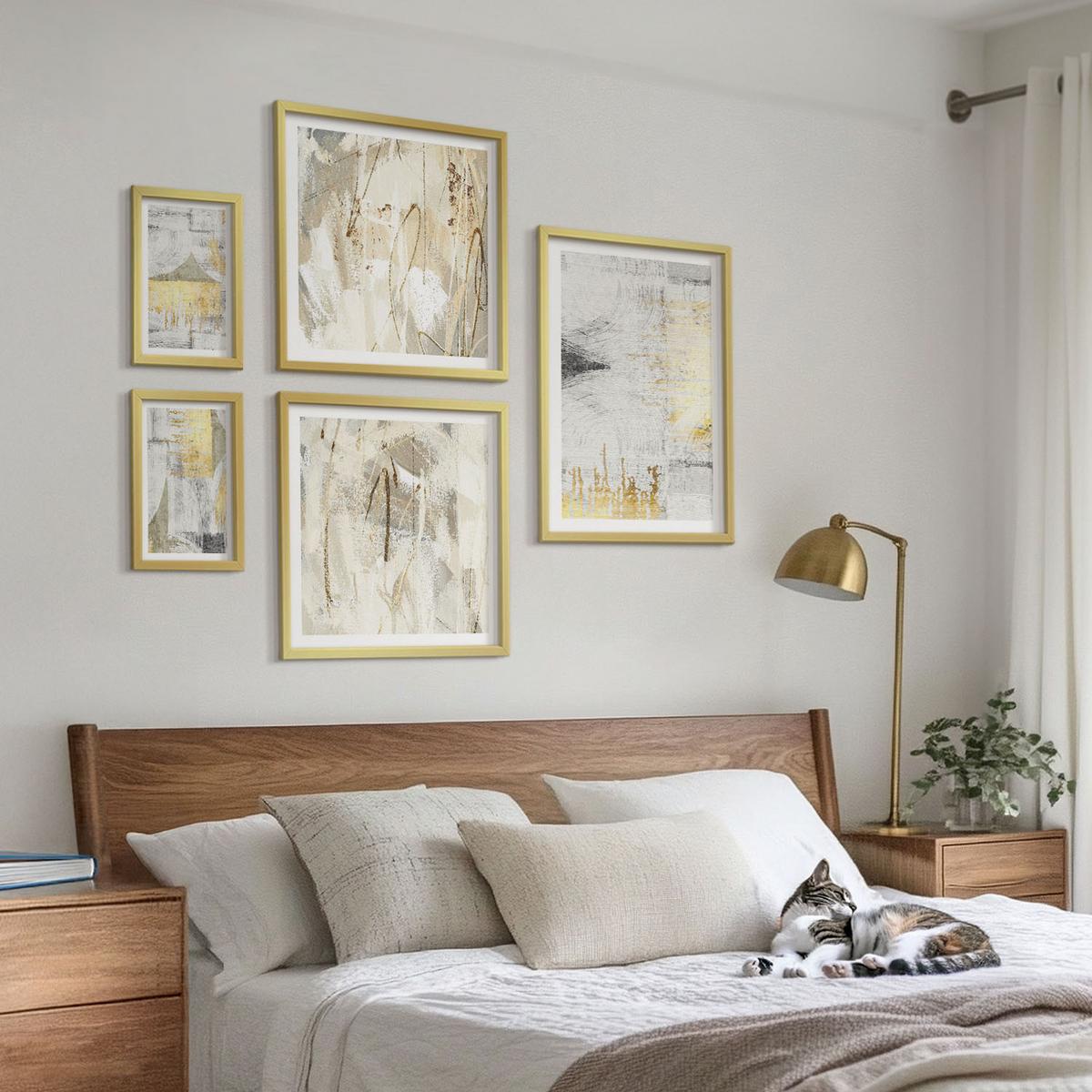 BILDER SET 5er Set - 50x50 cm & 20x30 cm & 40x60 cm Goldrahmen - Abstrakte minimalistische Muster - Goldfarben, Kunststoff (40/60cm) - TULUP