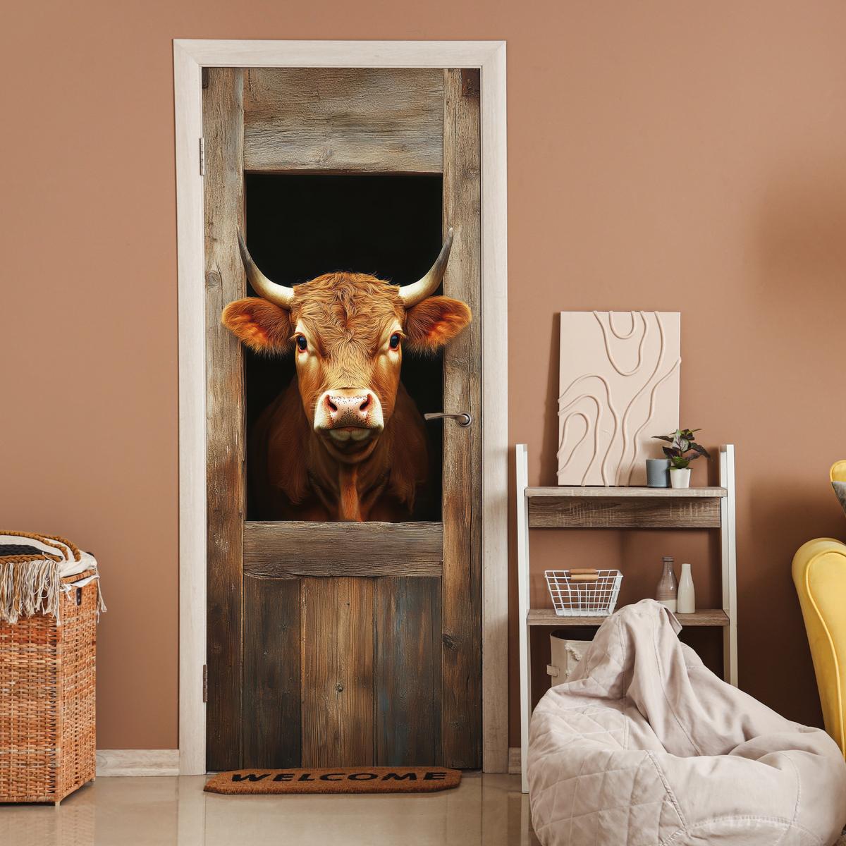 TÜRAUFKLEBER Kuh - Fenster - Holz - Tiere 80x215 cm - Türtapete - Wengefarben, Kunststoff (80/0.1cm) - MuchoWow