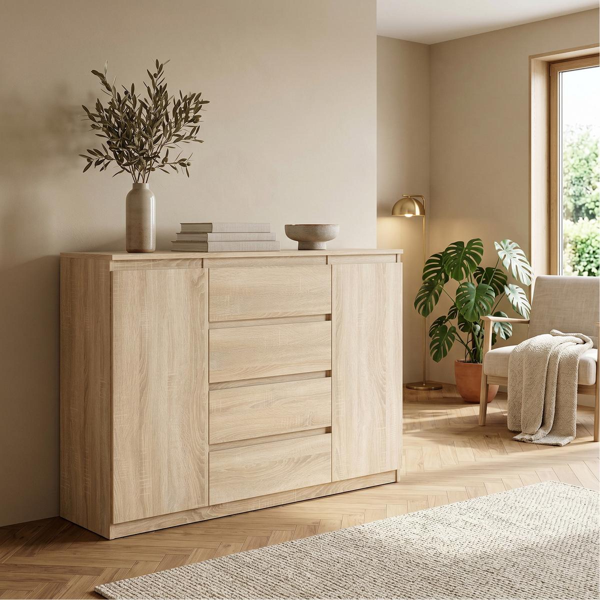 KOMMODE NUDO 120/101,5/39cm mit 4 Schubladen 2 Türen Sonoma Eiche - Sonoma Eiche, Holzwerkstoff (120/101.5/39cm) - MASSENO