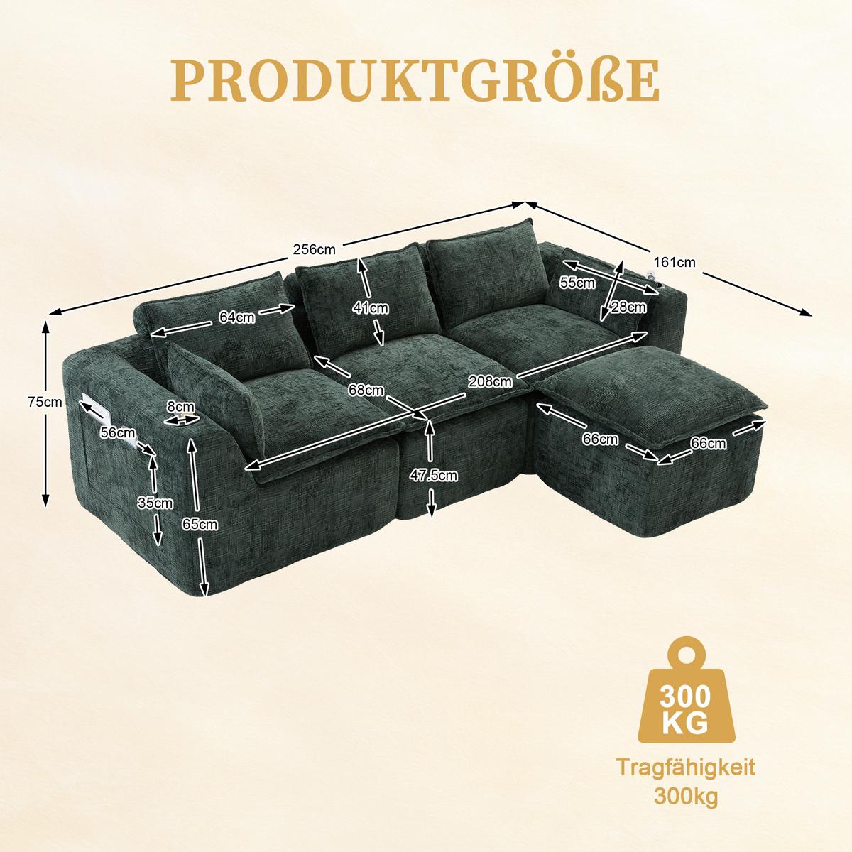 3-SITZER-SOFA aus chenille, mit fußhocker und getränkehalter - Grün, Textil (256/75/161cm) - Urban Meuble