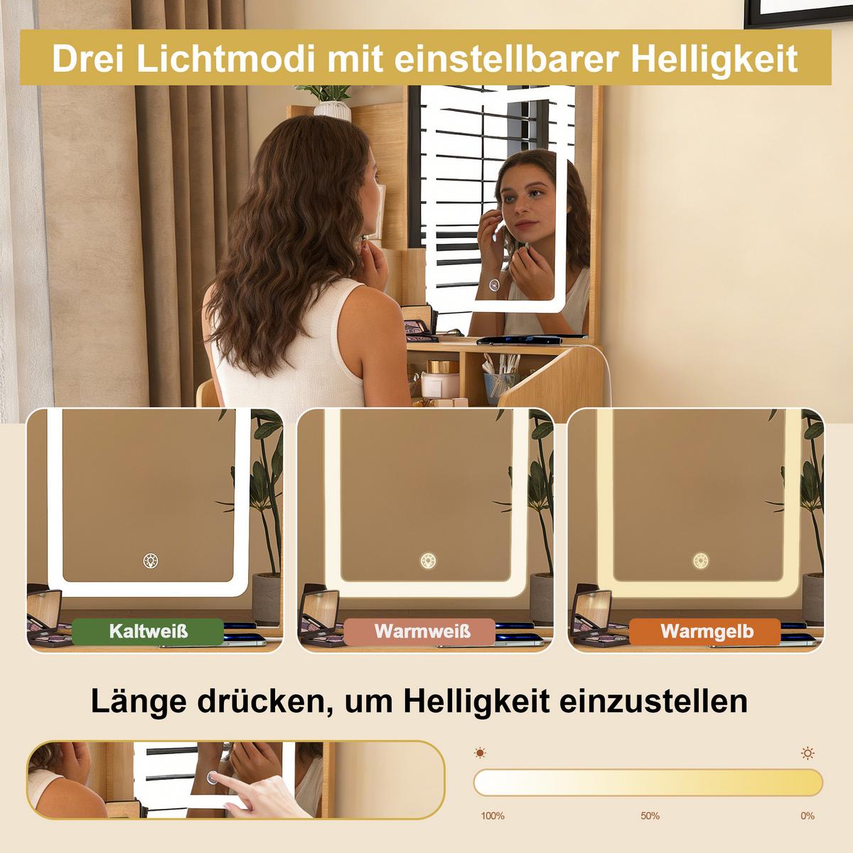 SCHMINKTISCH holzoptik 60 cm mit LED-Spiegel, Steckdose & Hocker - Naturfarben, Holzwerkstoff (60/130/36cm) - Urban Meuble