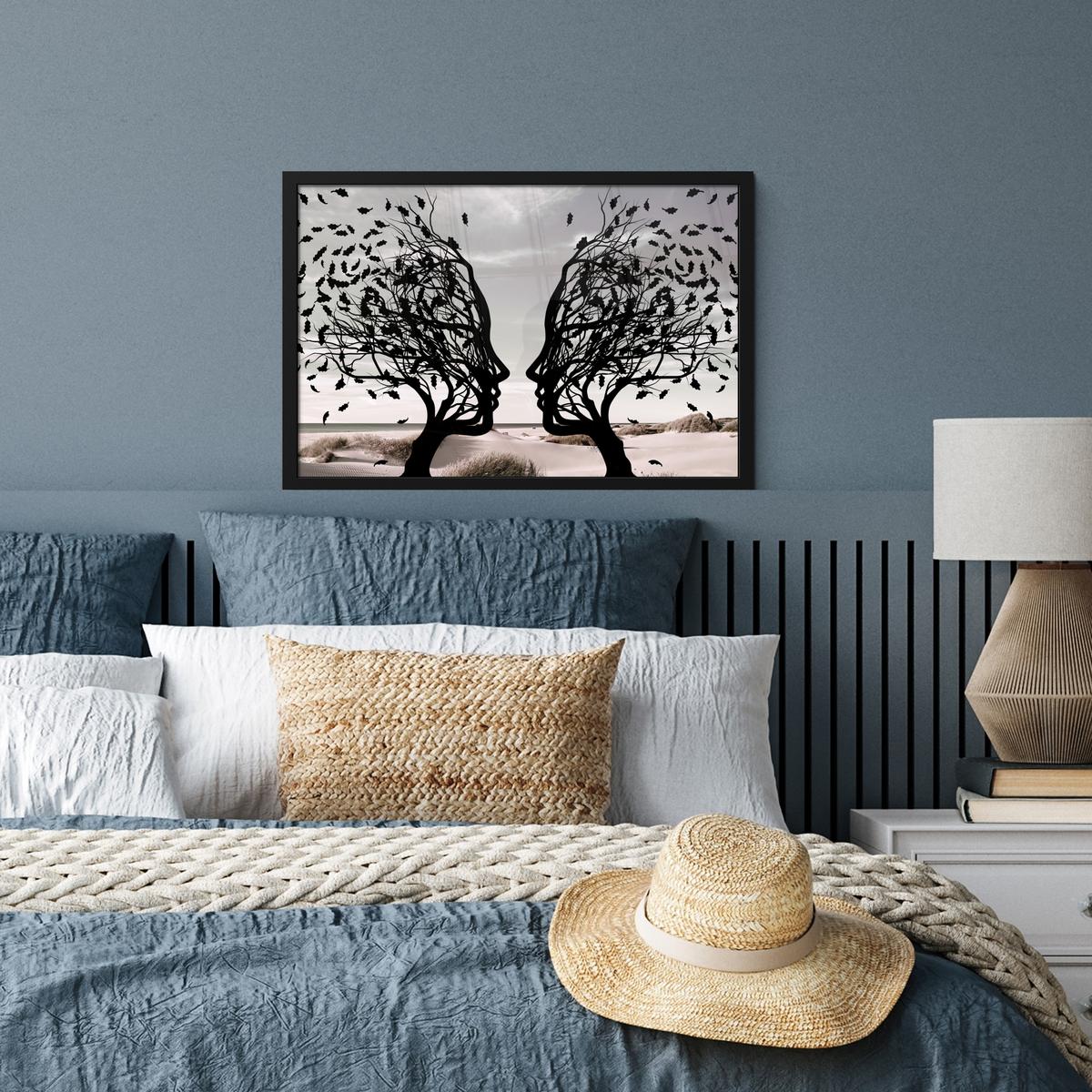 POSTER MIT RAHMENGERAHMTES BILD Strand - Meer - Menschen - Baum - Moderne Kunst 60x40 cm - Hellgrau, Papier (60/40cm) - MuchoWow